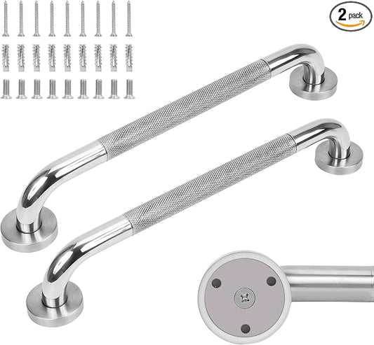 MrHAND Shower Grab Bar for Seniors,2 Pack 24 Inch,Knurled Mirror Finish | SUS 304 Stainless Steel, Extended Bathroom Safety Grab Bars for Elderly,Wall Mounted Handrail for Tub & Shower,