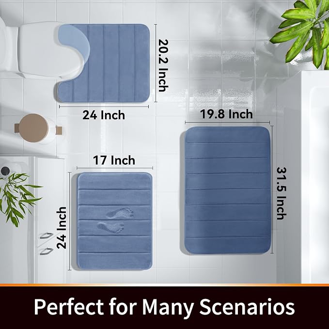 Yimobra Memory Foam Bath Mat, Super Soft Absorbent Bathroom Rug Non Slip, Quick Dry, Machine Washable Floor Carpet for Tub Shower, Home Decor Accessories, 24x17, Denim Blue