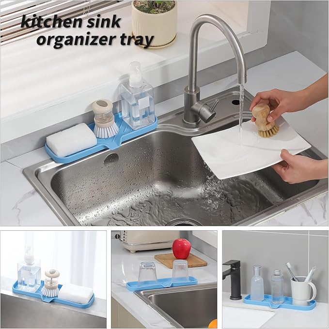 MicoYang Silicone Soap Dish with Drain Spout — Self-Draining Double Sink Organizer Tray for Kitchen & Bath, Dispensers, Sponges & Soap Holder, Non-Slip & Dishwasher Safe, Light Blue (Large, 12"×4")