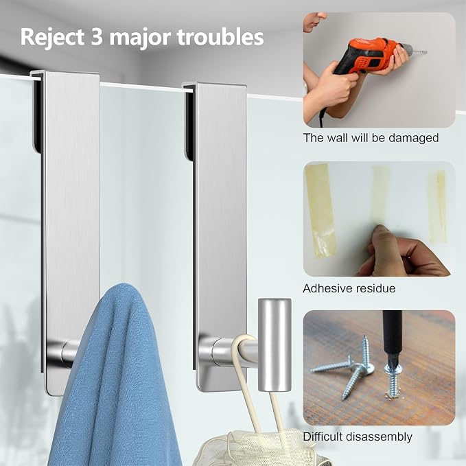 HUFEEOH Shower Towel Hooks, 7.5-Inch Extended Over Glass Shower Door Hanger for Towels & Robes, Rustproof Bathroom Towel Rack, 2-Pack (Silver, T Shape)