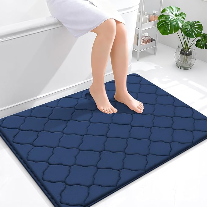 OLANLY Memory Foam Bath Mat Rug 40x32, Ultra Soft Bathroom Rugs, Navy | Thick Absorbent Carpet, Non-Slip Backing, Machine Washable, for Bathroom Floor, Tub, Shower and Home Decor Accessories