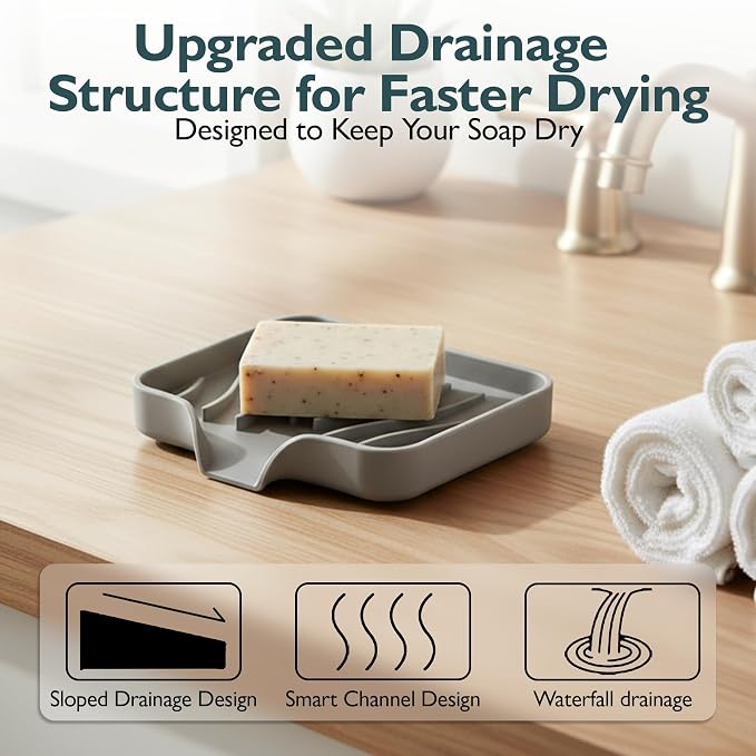 Self Draining Soap Dish with Drain Spout - Bar Soap Holder for Bathroom & Kitchen Sink - Flexible Non-Slip Silicone Soap Holder for Bar Soap, Sponge & Scrubber - 1 Pack