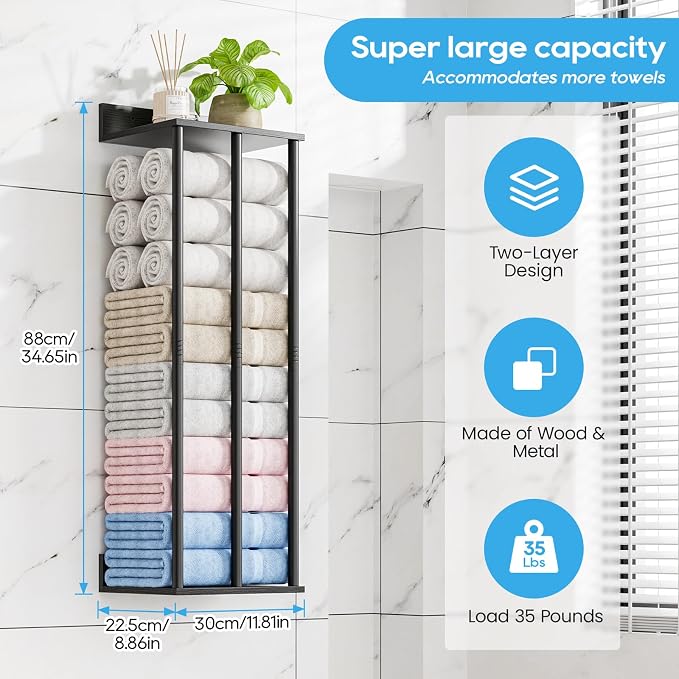 Towel Racks for Bathroom Wall Mounted with Wooden Storage Shelf | Updated 3 Bar Metal Towel Holder for Rolled Towels, Black Sturdy and Large Capacity, Towel Storage Organizer