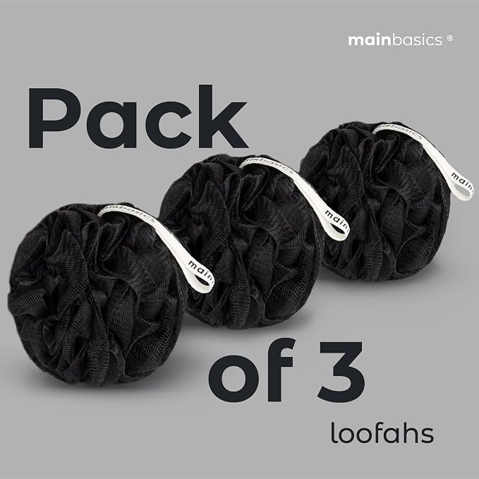 MainBasics Shower Loofah Sponge Pouf, Set of 3, Triple Black | Soft Mesh Body Scrubber and Bath Sponge for Gentle Exfoliation, Rich Lather, and Everyday Shower Use