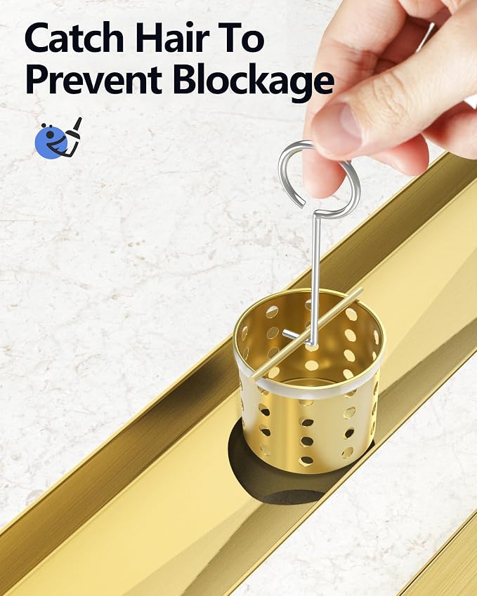 YEFU Gold Linear Shower Drain for Bathroom: 48 Inch Shower Drain with Tile Insert Grate - 304 Stainless Steel Rectangle Linear Drain - 2-in-1 Brushed Gold Shower Floor Drain
