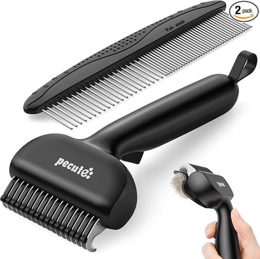 Pecute Self-Cleaning Undercoat Rake for Dogs Cats with Thick Double Coats | 1-click clean, 304SS, 18 rounded teeth, For seasonal heavy shedding & matting, Gentle on pets, Ideal for long/dense coats
