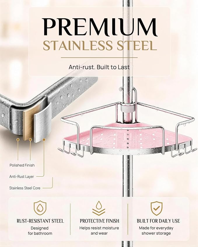 ALLZONE Corner Shower Caddy Tension Pole, 4 Hang-On Basket with Mixed-Height Shelves for Various Bottle Sizes, Extra Hooks & Soap Holder, Rustproof Stainless Steel, Fits 34–116 Inch, Silver/Pink