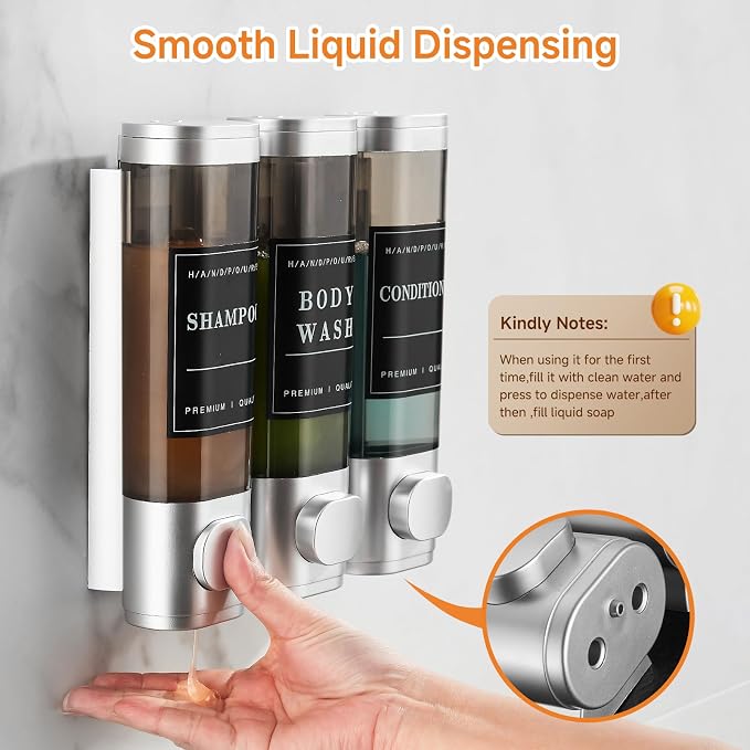 Shampoo and Conditioner Dispenser,Shower Dispenser 3 Chamber No Drill Wall-Mounted Shampoo Dispenser for Shower Wall Mounted Shower Soap Dispenser for Bathroom Hotel Large Capacity,Light Silver