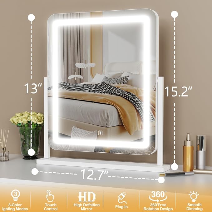 Gvnkvn Lighted Makeup Mirror, Hollywood Vanity Mirror with Lights, Three Color Lighting Modes, and Detachable 10X Magnification Mirror, Smart Touch Control, 360°Rotation (15.2in. Gold)