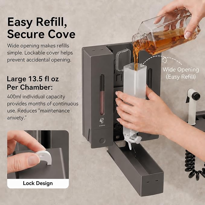 Shampoo and Conditioner Dispenser - Wall-Mounted 3-Chamber Shower Soap Dispenser, No-Drill, 1200ML Capacity, for Bathroom & Hotel