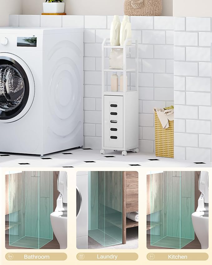 Hzuaneri Bathroom Storage Cabinet - Toilet Paper Storage Cabinet, Small Toilet Paper Holder with 4 Wheels, Bathroom Organizer with Adjustable Shelf, for Small Spaces, White BC04613W