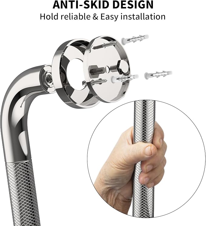 20 Inch Anti Slip Shower Grab Bar, YuanDe Polished Chrome Stainless Steel Bath Grab Bar, Knurled Bathroom Safety Rail, Shower Handrail Support, Handicap Elderly Balance Assist Handles-1.25" Diameter