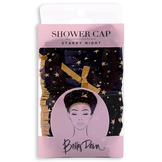 Betty Dain Fashionista Reusable Shower Cap, Starry Nights | Oversized Waterproof PEVA Lined Bath Cap for All Hair Lengths, Elastic Stretch Hem Hair Hat