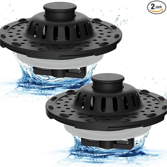 2PCS Universal Metal Bathtub Drain Stopper Top Hair Catcher, Matte Black | Shower Drain Tub Stopper with Stainless Steel Visible Filter Basket, Upgraded 3 in 1 Pop-up Drain Plug for 1.5 to 2.4" Hole