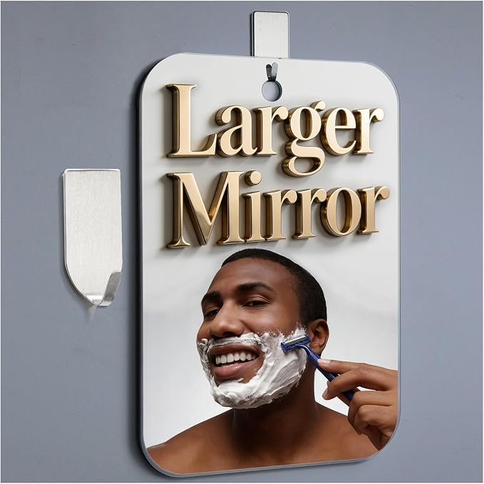 Shatterproof Shower Mirror Fogless for Shaving,(Larger 11x8 Inch) Anti Fog Shaving Mirror Holder NO-Drilling, No Fog Free Waterproof,Small Wall Mounted Bathroom Accessories Camping Hanging Men