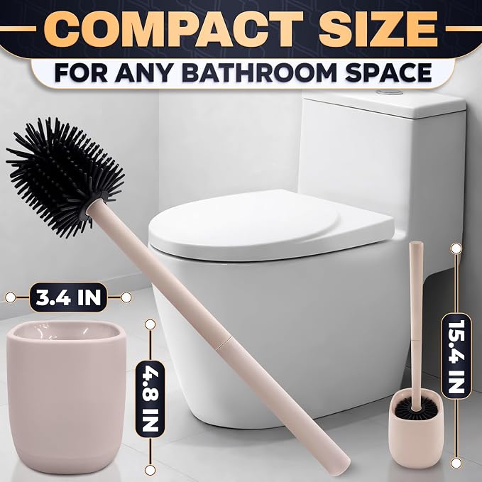 Silicone Toilet Brush and Holder Set - Cream RV Toilet Brush with Holder, Flexible Head, Soft Bristles, Detachable Handle and Freestanding Base, Compact Bathroom Cleaning Tool with Minimalistic Design