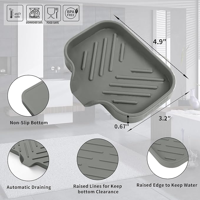 MicoYang Silicone Soap Dish with Drain Spout, Self-Draining Sink Organizer Tray for Bathroom and Kitchen, Sponges, Dispensers and Soap Holder, Non-Slip and Dishwasher Safe, Grey (Compact, 4.9"×3.2")