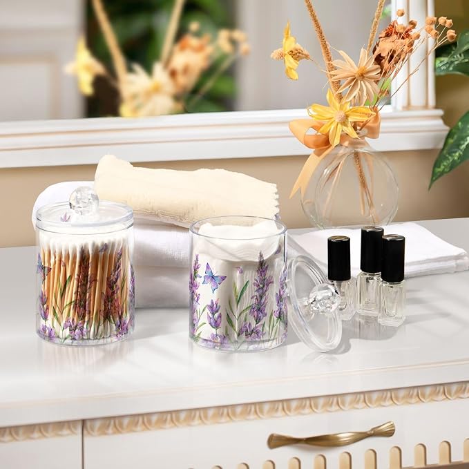 ALAZA Purple Toothbrush Holder 2 Pack Qtip Holder Dispenser for Cotton Ball Lavender Flower Purple Cotton Swab Round Pads Clear Plastic Acrylic Jar Set Bathroom Canister