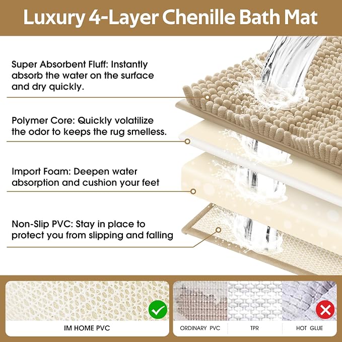 ACCUMTEK Striped Beige Bathroom Rug Mat Set 2 piece 24"x17"+48"x20" Ultra Soft, Non Slip Chenille Bath Rugs, Absorbent Plush Shaggy Bath Mats for Bathroom, Bedroom, Kitchen, Shower, Tub