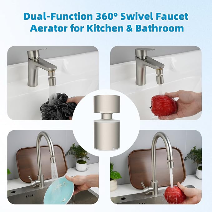 Hibbent NSF/ANSI/CAN 61 Certified Faucet Aerator, CUPC Certification 360° Swivel Kitchen Faucet Aerator, 2 Flow Sprayer Modes Water Saving Faucet Extender-55/64"-27UNS Female Thread/Brushed Nickel