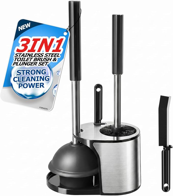 FORASTO 3in1 Stainless Steel Toilet Plunger and Brush Set - Bathroom Tools | 21" Extended, Gap Brush Combo, Restroom Decor Accessories, Apartment Must Haves, Home Essentials for New Home