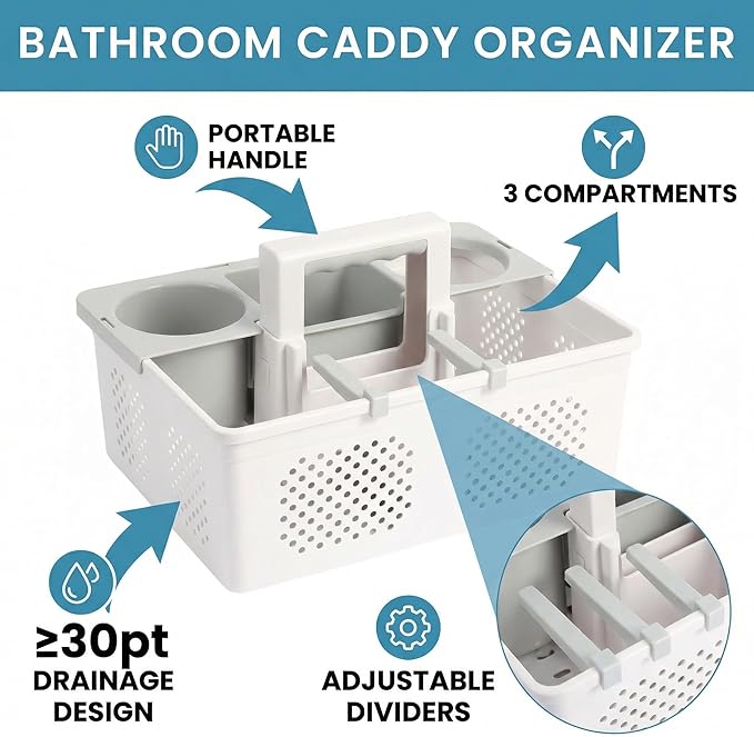 KMV Dorm Room Portable Shower Caddy with Adjustable Compartments - Ventilated Drainage Design with Handles, Perfect Toiletries Organizer for College Dorms-white