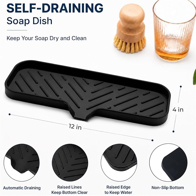 MicoYang Silicone Soap Dish with Drain Spout — Self-Draining Double Sink Organizer Tray for Kitchen & Bathroom, Dispensers, Sponges & Soap Holder, Non-Slip & Dishwasher Safe, Black (Large, 12"×4")