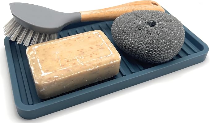 Silicone Sink and Surface Organizer Tray, Sponge Holder, Vanity Tray, Trivet | Heat Safe, Dishwasher Safe, for Bathroom and Kitchen Organization (Smoky Blue, 10"x5.25")