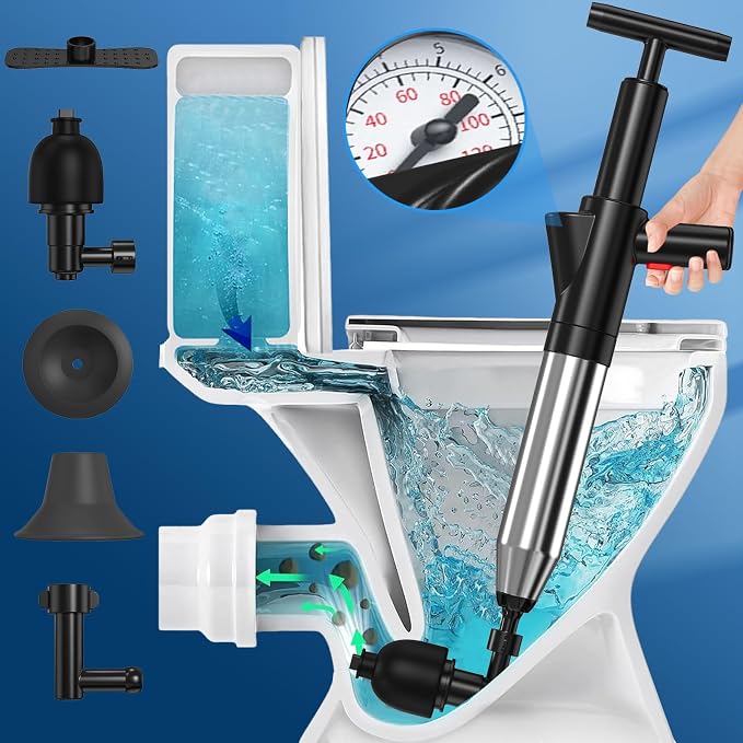 Toilet Plunger, Upgraded High Pressure Toilet Plunger Air Plungers Sink Plunger with Visual Barometer, Stainless Steel Air Drain Blaster, Powerful Drain Clog Remover for Bathroom,Kitchen,Clogged Pipe
