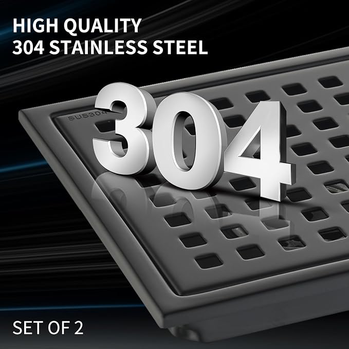 6 Inch Square Shower Drain with Flange,Matte Black，Quadrato Pattern Grate Removable,Food-Grade SUS 304 Stainless Steel，with Hair Strainer