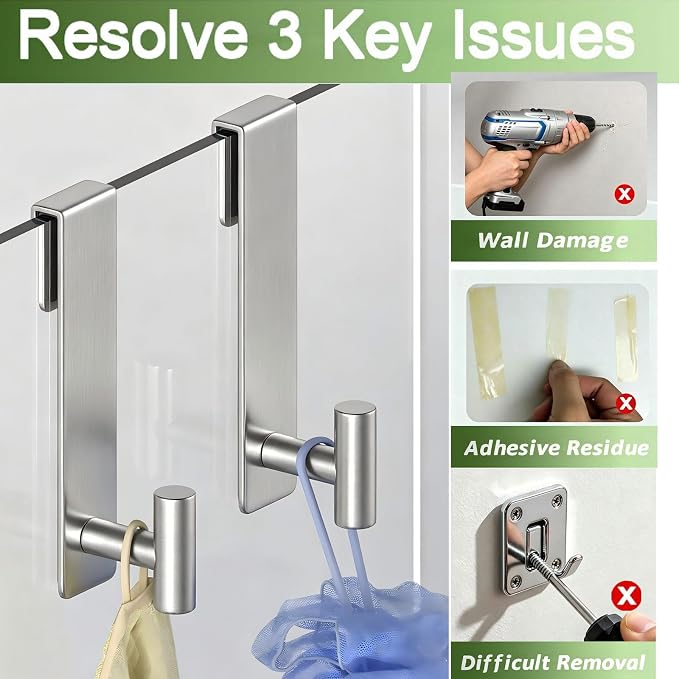 Shower Door Hooks, Heavy Duty Rack Hooks for Robe, Stainless Steel Robe Towel Hooks for Bathroom, Fits Frameless Glass Shower Doors up to 3/8" (10mm) Thick (Silver, 2 Pack)