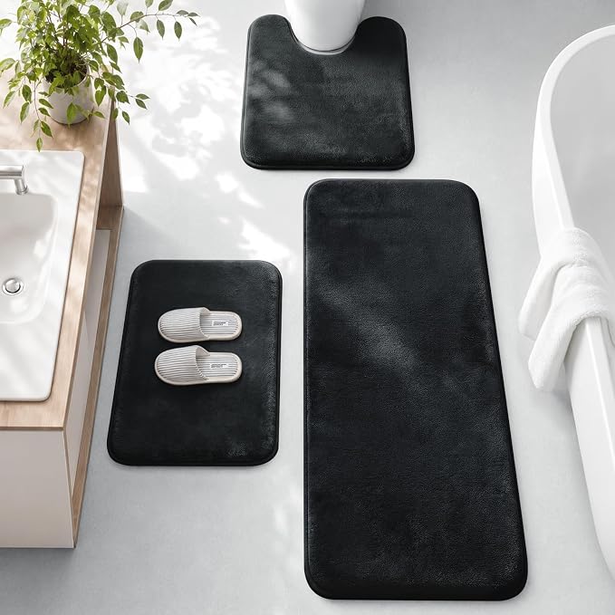 HUXMEYSON 3-Piece Memory Foam Bathroom Rug Set, Black | Quick Dry Velvet Surface, Non-Slip & PVC Backing, Ultra Soft Bath Rugs for Bathroom, 17"x24"+20"x48"+U Shape 20"x24"