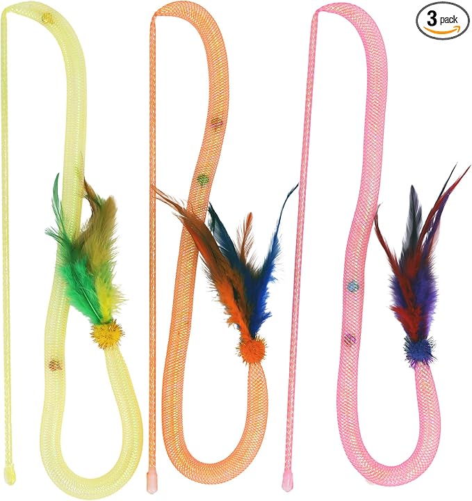 Cat Toys for Indoor Cats, Interactive Cat Wand Toy 3 Pack with Feathers, Mesh Tube, Bell & Pom Pom, Cat Teaser Wand, Cat Fishing Pole Toy for Kittens and Adult Cats
