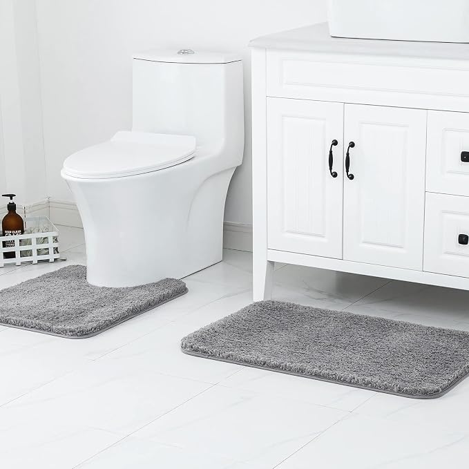 MIULEE Grey Bathroom Rugs Set 2 Piece Soft Bath Mats 20x24+20x30 Inch | Absorbent Microfiber Bath Mat and U-Shaped Toilet Rug, Non Slip, Quick Dry, for Bathroom Floor Tub Showers, Machine Washable