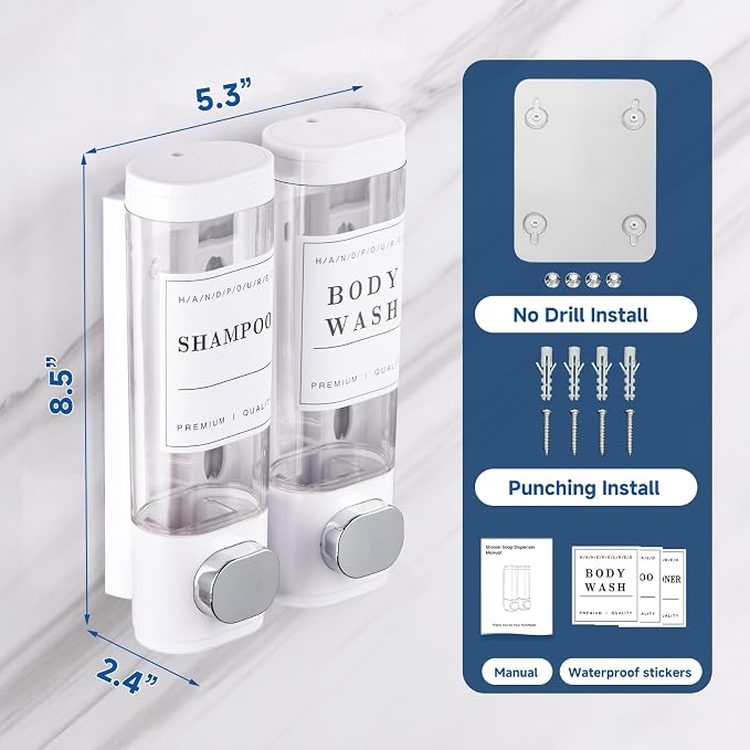 Shampoo and Conditioner Dispenser Bathroom Shower Soap Dispenser Wall Mounted Shampoo Dispenser for Shower Wall No Drill 2 * 300ml White 2 Chamber with Waterproof Labels Self