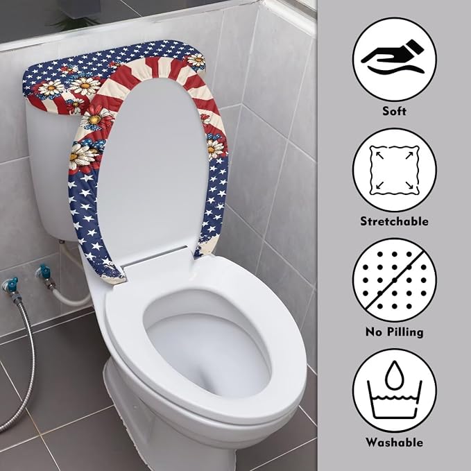 Toilet Lid & Tank Covers for Bathroom American Flag Toilet Lid Cover Round Non Slip Elongated Set 250th Anniversary of USA Decor