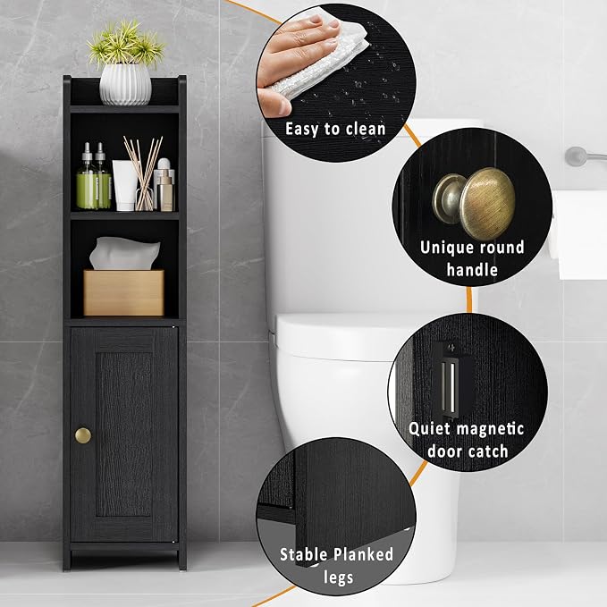 Lomojo Small Bathroom Storage Cabinet, Toilet CabinetFreestanding Bathroom Organizer for Small Spaces, Narrow Toilet Paper Corner Floor with Door and Shelves,Black | Freestanding Narrow Toilet Paper Holder, Organizers for Bathroom Small Spaces Floor Ca...