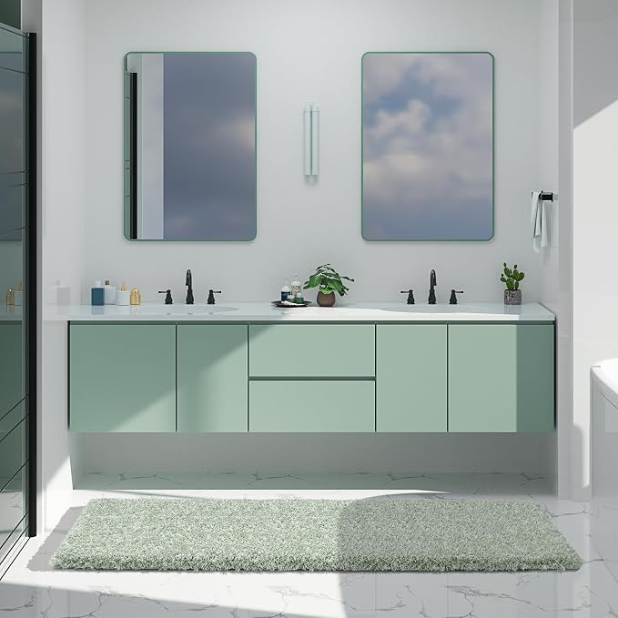 Yimobra Luxury Bathroom Rugs, Fluffy Bath Mats, Non Slip, Water Absorbent Microfiber, Machine Washable, Plush Runner Shower Rugs, Thick Matts for Bathroom Floor&Tub, 70" X 24", Light Green and White