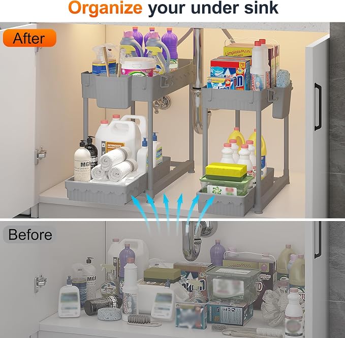 Sevenblue Under Sink Organizer, Bathroom Organizers and Storage, 2 Tier Multi-Use Pull Out Cabinet Organizer with Hang Hooks and Cups (Gray, 14.8 Inch)