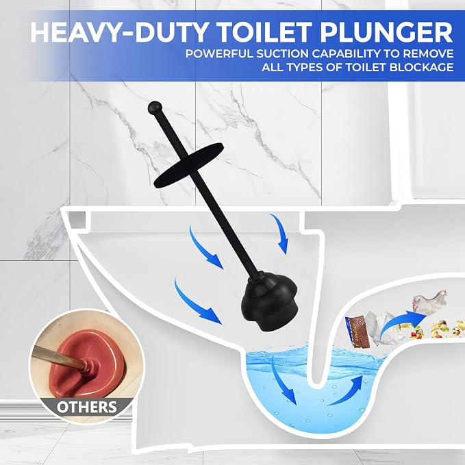 Toilet Plunger with Holder for Bathroom - Deep Cleaning - Heavy Duty - Strong Efficient Suction Cup - Household Essentials - Household Supplies, Matte Black