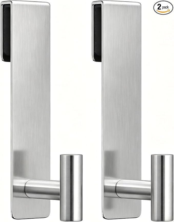 Shower Door Hooks, Heavy Duty Rack Hooks for Robe, Stainless Steel Robe Towel Hooks for Bathroom, Fits Frameless Glass Shower Doors up to 3/8" (10mm) Thick (Silver, 2 Pack)