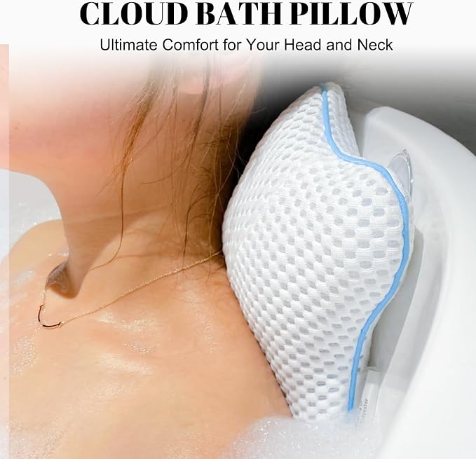 Non Slip Bath Pillow, Luxury Spa Bathtub Head & Neck Rest Support, Permeable Quick Drying Air Mesh Tub Pillow with 4 Large Suction Cups, Fits Any Tubs, Soft and Relaxing (White)