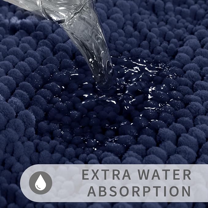 Yimobra U Shaped Toilet Rug Set, Absorbent Chenille, 24x17+24x20, Navy Blue | Non Slip Machine Washable Quick Dry Bath Mat Set, Soft Plush Shower Rugs for Bathroom Floor Sink Tub and Shower Outside