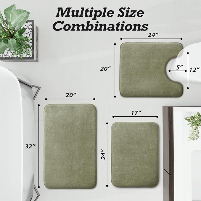 HUXMEYSON Bathroom Rugs Sets 3 Piece, Non-Slip & Quick Dry Bath Mat Set, Ultra Soft Velvet Bath Rugs for Bathroom, Toilet and Shower Floor, Olive Green