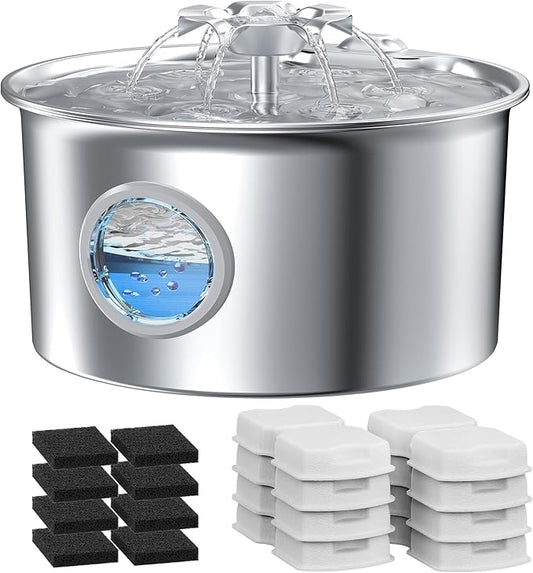 Pet Water Fountain Stainless Steel: Cat Fountain with 8 Filters & 8 Sponges | 88oz/2.6L Pet Fountain for Cats Indoor - Quiet Cats Dispenser - Cats Feeding & Watering Supplies - Gifts for Small Animals