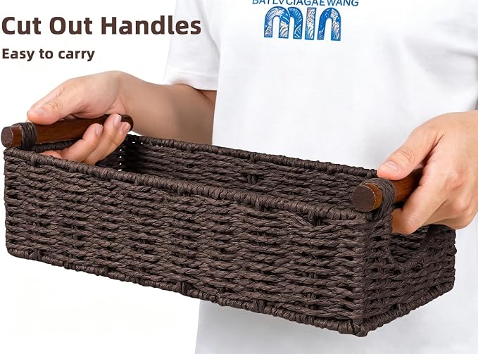 CubesLand Small Wicker Toilet Basket Tray Organizer W/Cut Out Handle, Handwoven Slim Decorative Basket for Countertop, Shelves And for Rustic Home Decor, Living Room, Nursery Organization, Brown