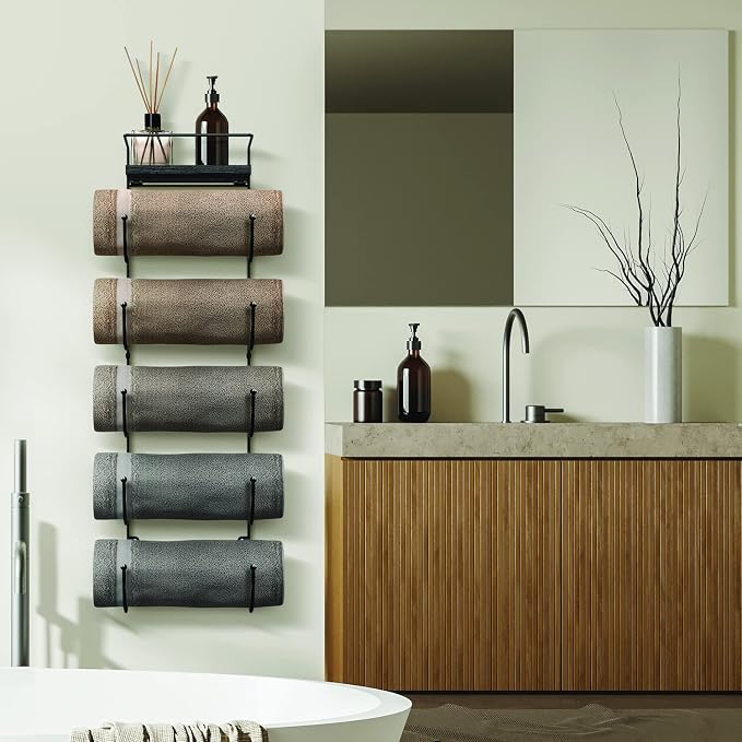 Sorbus Bathroom Towel Holder - 5 Tier Metal Towel Rack with Wood Shelf for Rolled Bath Towels, Washcloths, Linens, Hand Towels, Soaps & Accessories - Wall Mounted Towel Rack for Bathroom Towel Storage