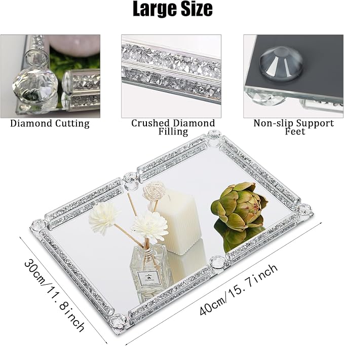 Large Mirror Perfume Tray for Dresser,Crushed Diamond Filled Glass Vanity Tray,Decorative Bathroom Tray,Crystal Tray for Home Decorative,Party,Hotel Banquet,15.7x11.8x1.4inch,Silver