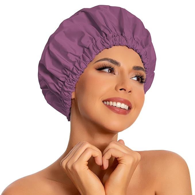 Edoneery Shower Caps for Women Reusable Waterproof, Shower Hair Cap | Washable Bonnet, Wide Elastic Band, Large Fit, Holds Long Hair, Braids Friendly, Bath Accessories, Spa, Travel
