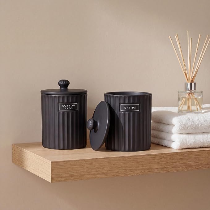 Ronasip Ceramic Bathroom Organizer and Storage Jars with Lid, 2 Pack Qtip Holder and Cotton Pad Dispenser, Apothecary Canisters for Vanity, Kitchen Countertop, Home Decor (2, Black)